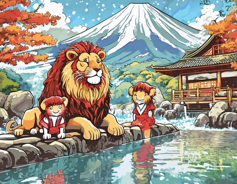 Firefly lion enjoying Beppu hot springs with family 15191